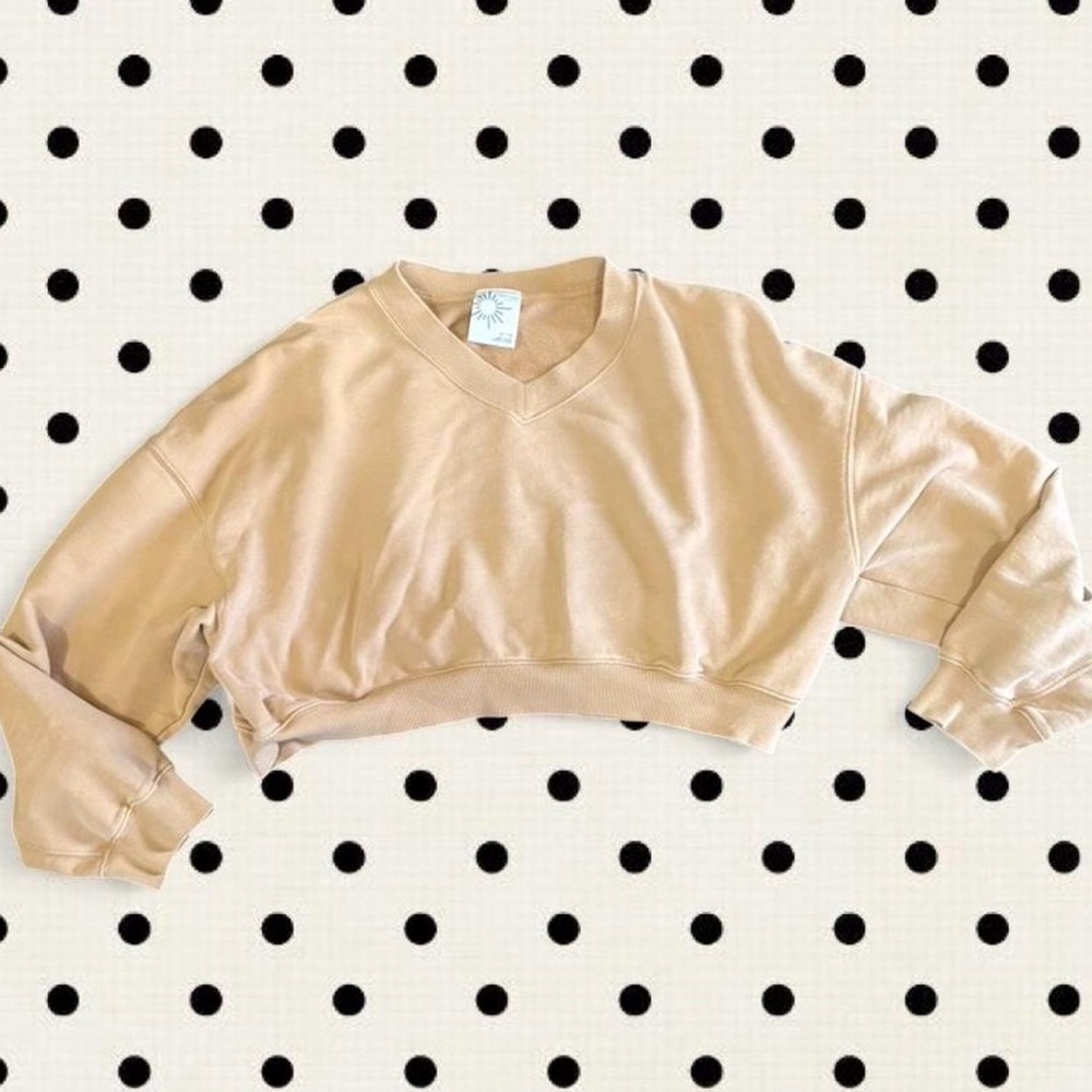 Aerie Beige V-Neck Cropped Sweatshirt